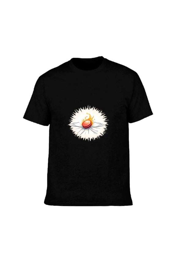 Men's Cotton Short Sleeve T-Shirt with Explosive Flame Graphic Design - Dynamic Circular Pattern on White Background