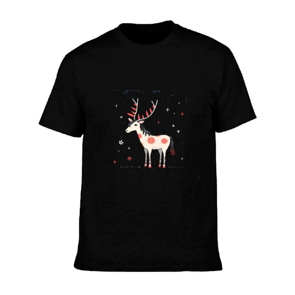 Men's Cotton Short Sleeve T-Shirt with Festive Reindeer Design Red Antlers & Spots on Black Background Winter-themed Tee