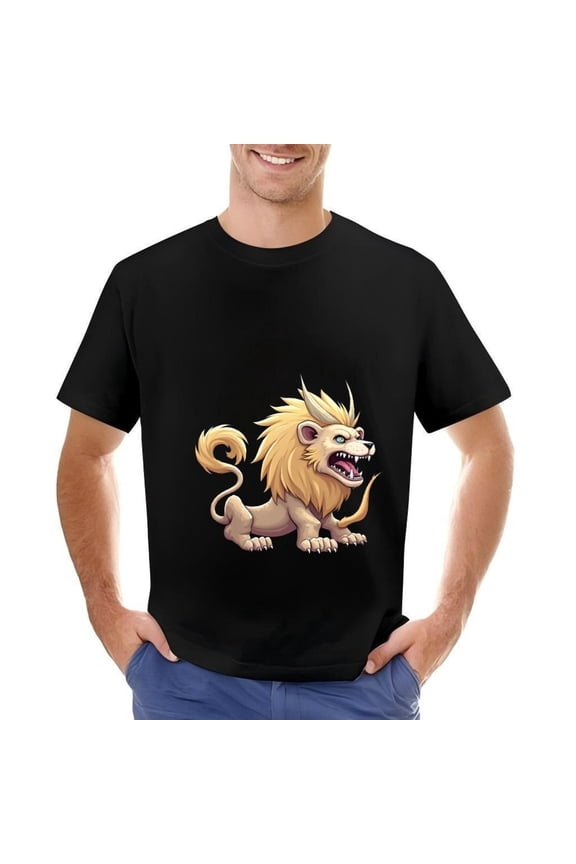 Men's Cotton Short Sleeve T-Shirt with Fierce Cartoon Lion Design - Golden Blue Eyes Roaring Pose Perfect for Casual Wear