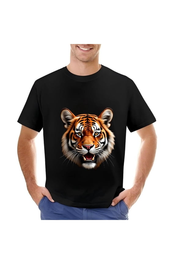 Men's Cotton Short Sleeve T-Shirt with Fierce Tiger Face Illustration - Vibrant