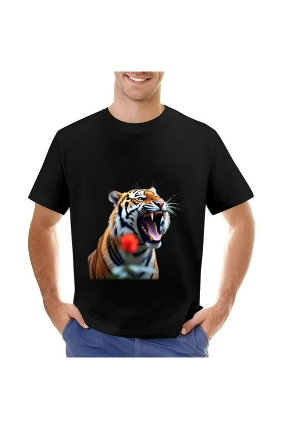 Men's Cotton Short Sleeve T-Shirt with Fierce Tiger Graphic Design - Vibrant Orange and Black Stripes Animal Print Tee