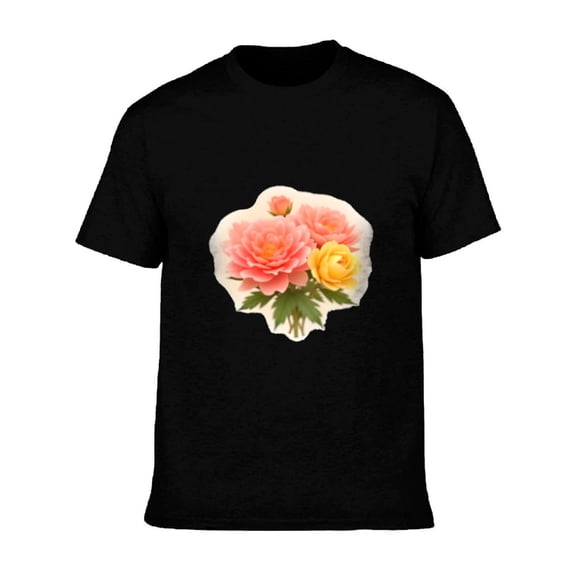 Men's Cotton Short Sleeve T-Shirt with Floral Bouquet Graphic - Pink Peonies & Yellow Rose Design on Black Tee