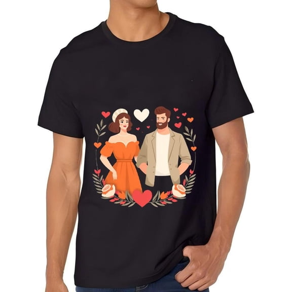 Men's Cotton Short Sleeve T-Shirt with Floral Wreath Design - Romantic Hearts & Flowers Pattern Tee Top