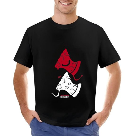 Men's Cotton Short Sleeve T-Shirt with Fun Pizza Graphic Design - Smiling Faces & ' HUNGRY ' Text