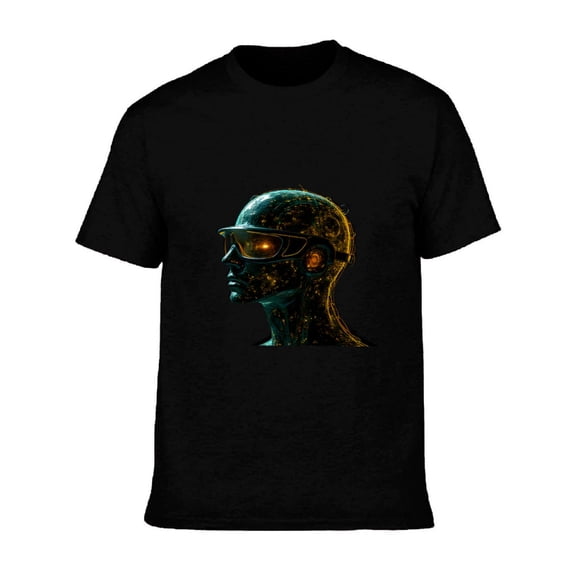 Men's Cotton Short Sleeve T-Shirt with Futuristic Neural Graphic & Glowing Glasses Design - Modern Tech-Inspired Tee