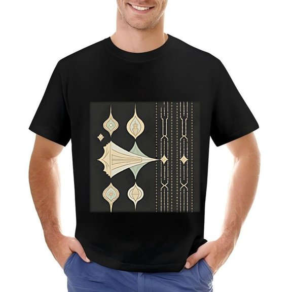 Men's Cotton Short Sleeve T-Shirt with Geometric Teardrop Design in Cream and Light Green Lines and Dots Pattern