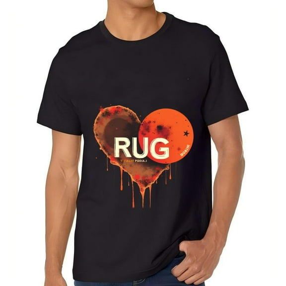 Men's Cotton Short Sleeve T-Shirt with Graffiti Heart Design Bold ' RUG ' Print & Circular ' STUDIO ' Graphic Modern Artistic Tee