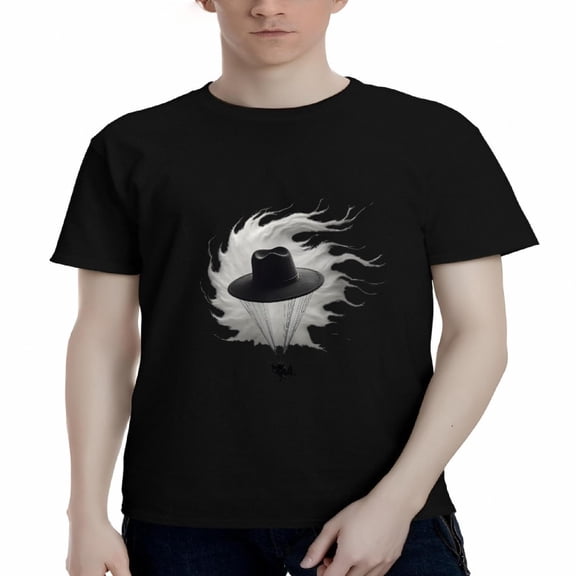 Men's Cotton Short Sleeve T-Shirt with Graphic Design: Black Hat & Chain Surrounded by Swirling White Smoke on Black Background