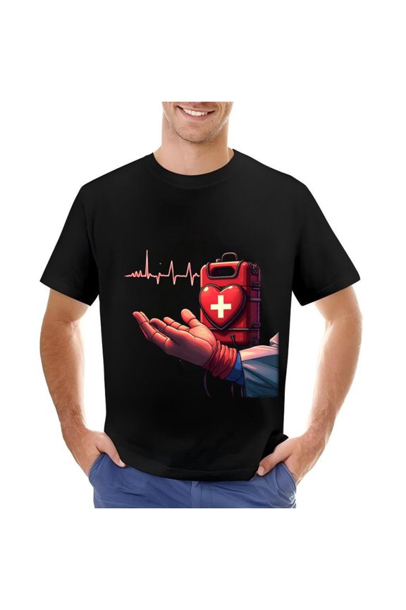 Men's Cotton Short Sleeve T-Shirt with Graphic Design - Hand Holding Red & EKG Line - Healthcare & Response Theme