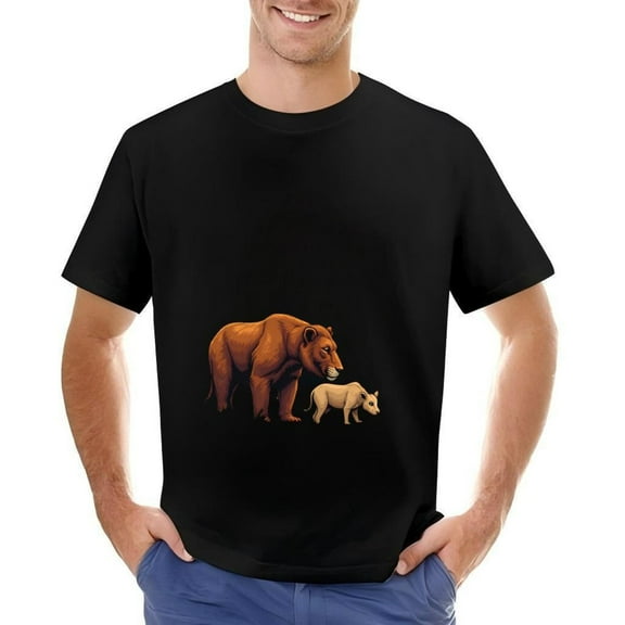 Men's Cotton Short Sleeve T-Shirt with Graphic of Brown and Light - Colored Bears Walking Side by Side on Black Background