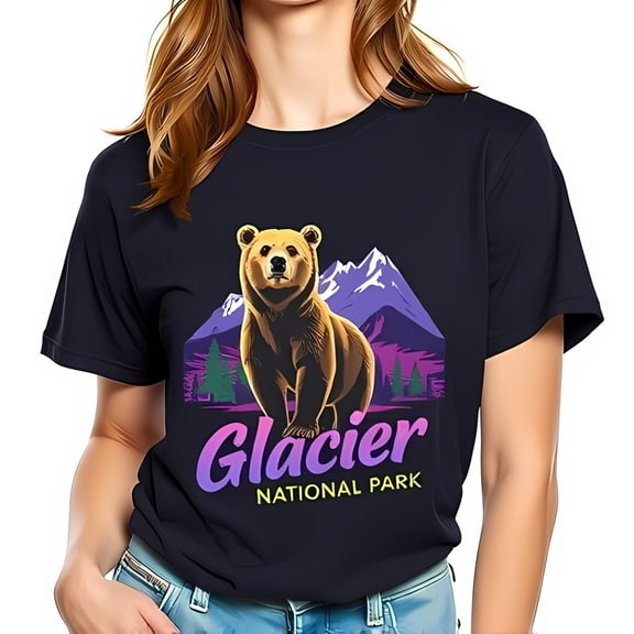 Men's Cotton Short Sleeve T-Shirt with Grizzly Bear Graphic & Glacier National Park Design - Vintage Style Mountain Art