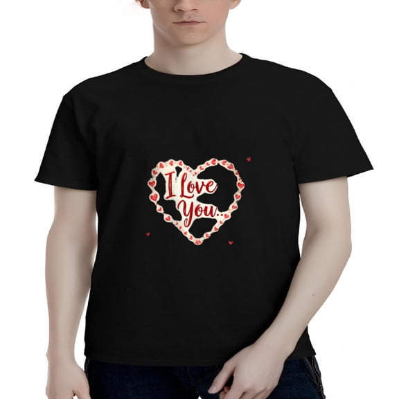 Men's Cotton Short Sleeve T-Shirt with Heart Design - ' I Love You ' in Cursive Red & White Dots Romantic Tee Top
