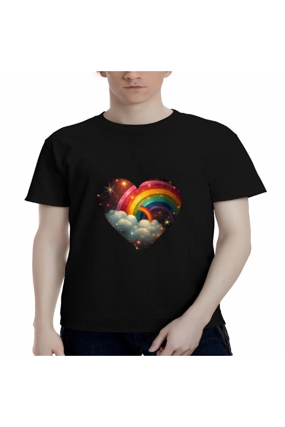 Men's Cotton Short Sleeve T-Shirt with Heart-Shaped Rainbow Design Fluffy Clouds & Starry Night Sky - Dreamy Tee Top