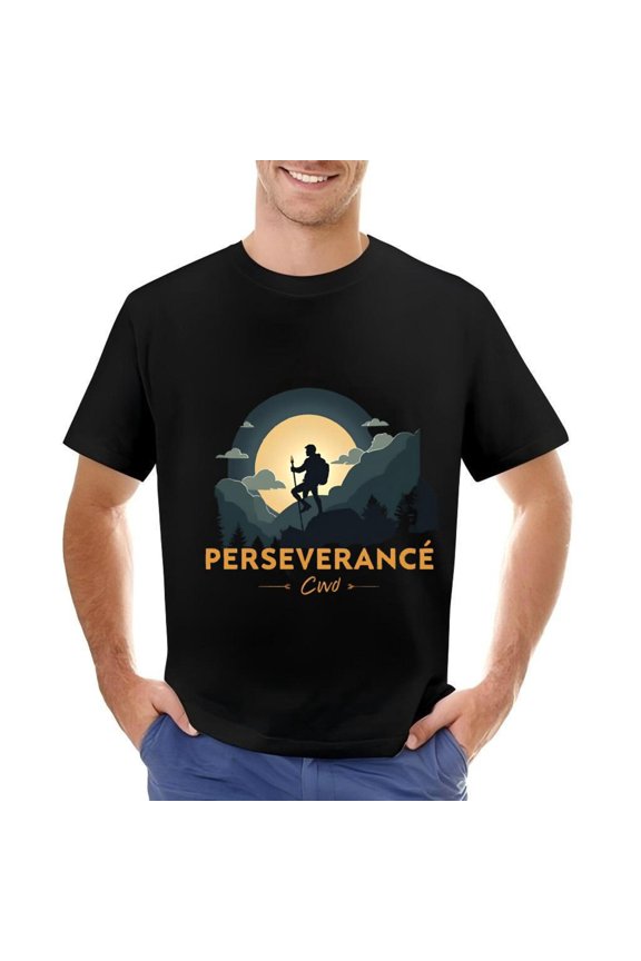 Men's Cotton Short Sleeve T-Shirt with Hiker Design Glowing Moon & Mountain Range Bold ' PERSEVERENCE ' & ' CWO ' Print