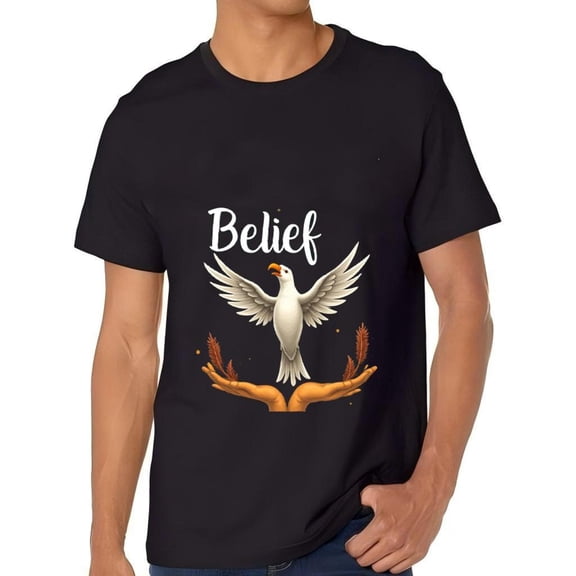 Men's Cotton Short Sleeve T-Shirt with Inspirational Bird and Hands Design - " Belief " Graphic Tee