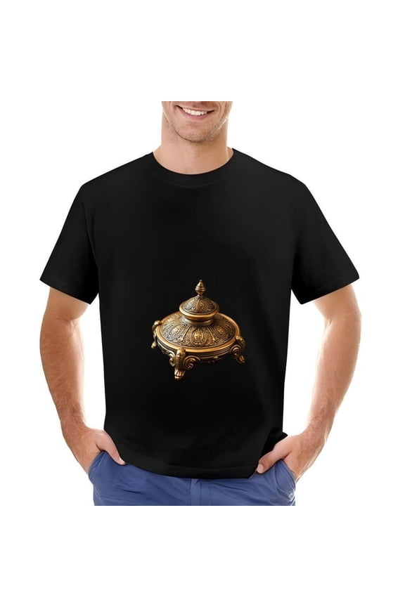 Men's Cotton Short Sleeve T-Shirt with Intricate Golden Ornate Decorative Container Design Baroque Style Art
