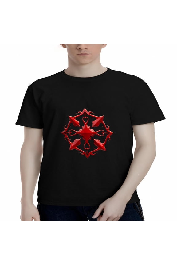 Men's Cotton Short Sleeve T-Shirt with Intricate Red Diamond and Flame Emblem Design - Stylish 3D Effect Tee Top