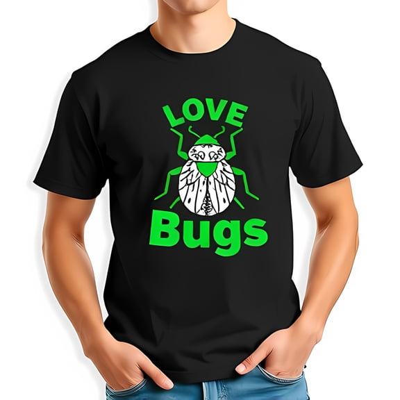 Men's Cotton Short Sleeve T-Shirt with 'LOVE BUGS' Graphic - Playful Design in Green & White