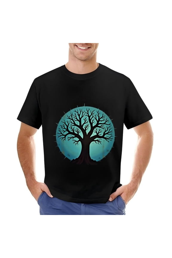 Men's Cotton Short Sleeve T-Shirt with Large Dark Tree Design on Gradient Blue Teal Background Starry Pattern