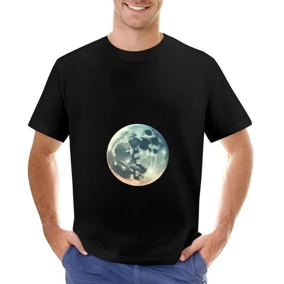 Men's Cotton Short Sleeve T-Shirt with Large Moon Graphic Print - Craters & Shadows Design in Gray & White