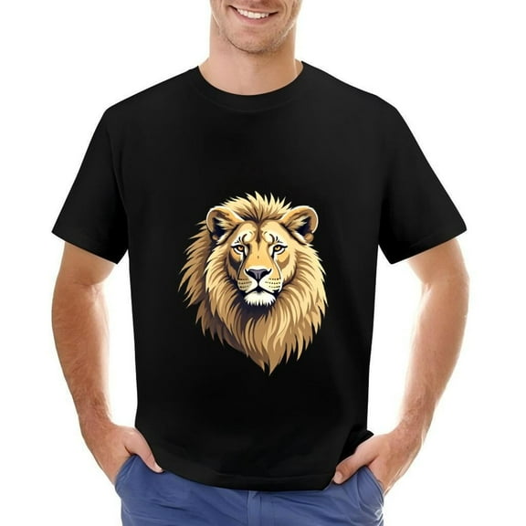 Men's Cotton Short Sleeve T-Shirt with Majestic Illustration - Bold Black Tee with Golden Design