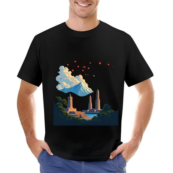 Men's Cotton Short Sleeve T-Shirt with Majestic Mountain and Dreamlike Cloud Pattern Serene Landscape Design Perfect for Casual Wear