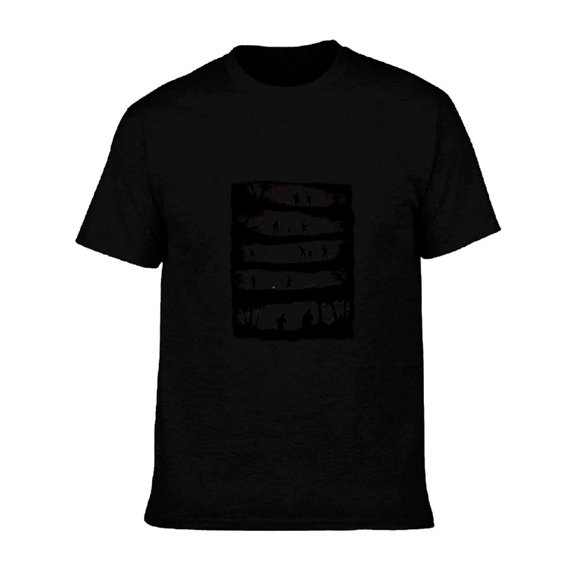 Men's Cotton Short Sleeve T-Shirt with Minimalist Silhouette Design - Pattern of Dynamic Figures on Dark Background