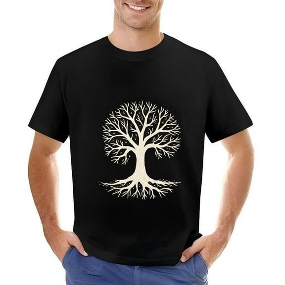 Men's Cotton Short Sleeve T-Shirt with Minimalistic White Tree Design - Artistic Symmetrical Canopy & Intricate Branches