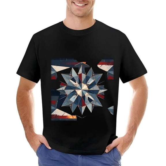Men's Cotton Short Sleeve T-Shirt with Modern Geometric Star Pattern in Blue Red and White on Black Background