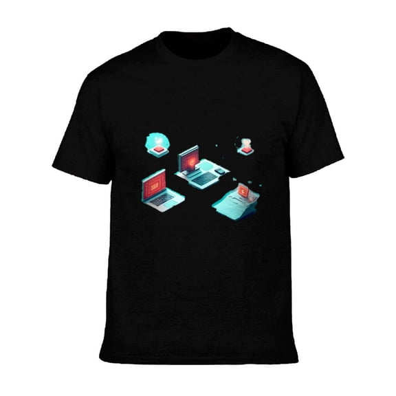 Men's Cotton Short Sleeve T-Shirt with Modern Tech Graphic - Triangular Laptop Design with Colorful Screens & Tech