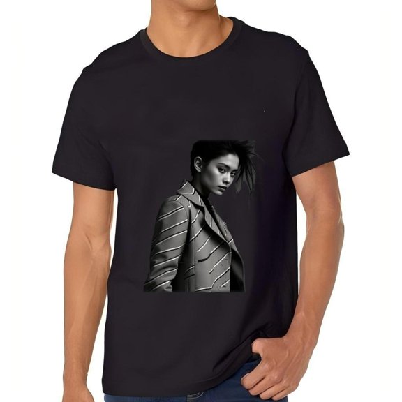 Men's Cotton Short Sleeve T-Shirt with Monochromatic Portrait Design - Stylish Suit & Diagonal Stripes Dark Background