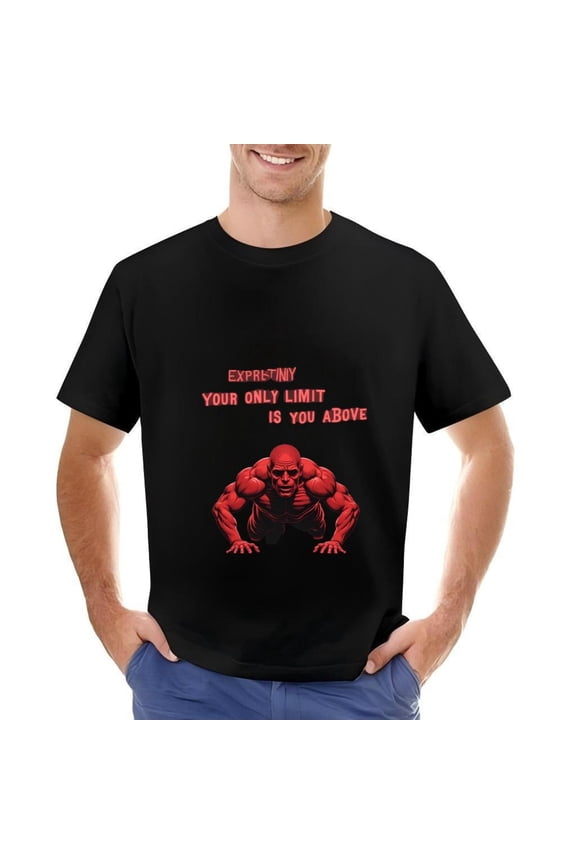 Men's Cotton Short Sleeve T-Shirt with Motivational Plank Workout Design - Bold Red Text " YOUR ONLY LIMIT IS YOU ABOVE " on Black Background