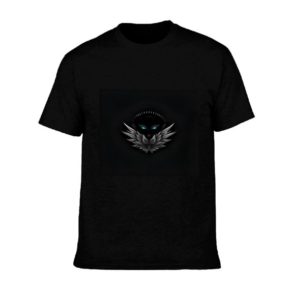 Men's Cotton Short Sleeve T-Shirt with Mythical Creature Emblem Silver Wings & Glowing Blue Eyes - Modern Graphic Tee