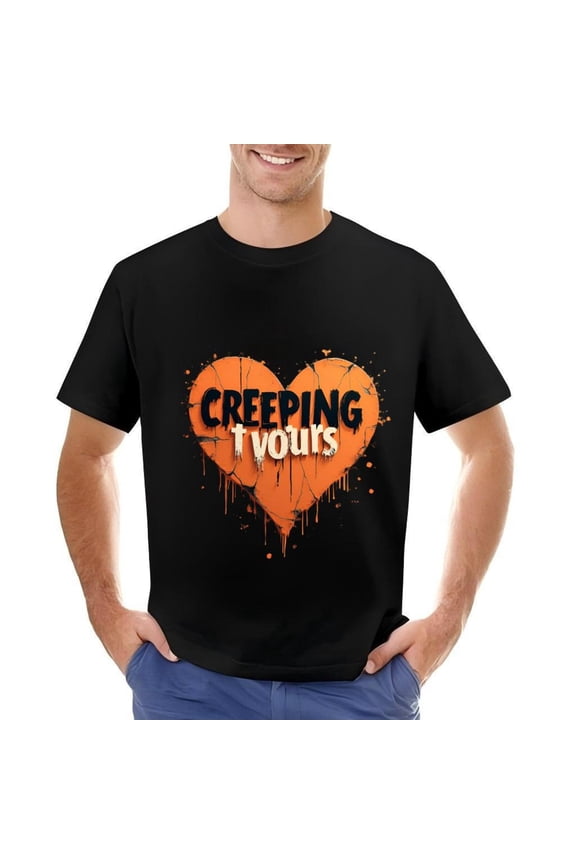 Men's Cotton Short Sleeve T-Shirt with Orange Heart Design and Dripping Effects - " CREeping Ivours " Graphic Tee