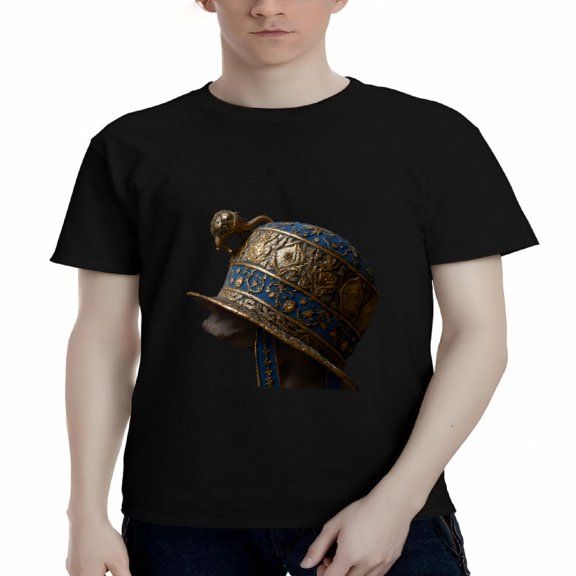 Men's Cotton Short Sleeve T-Shirt with Ornate Golden Helmet Design Intricate Blue and Gold Patterns Historical Cultural Style Tee
