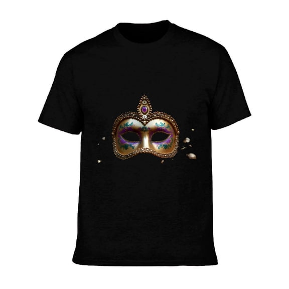 Men's Cotton Short Sleeve T-Shirt with Ornate Venetian Mask Print Gold & Purple Designs Festive Sparkle Accents Unique Tee Top