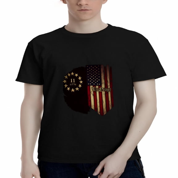 Men's Cotton Short Sleeve T-Shirt with Patriotic Graphic: Silhouette Head with Stars & ' 11 ' Stylized American Flag