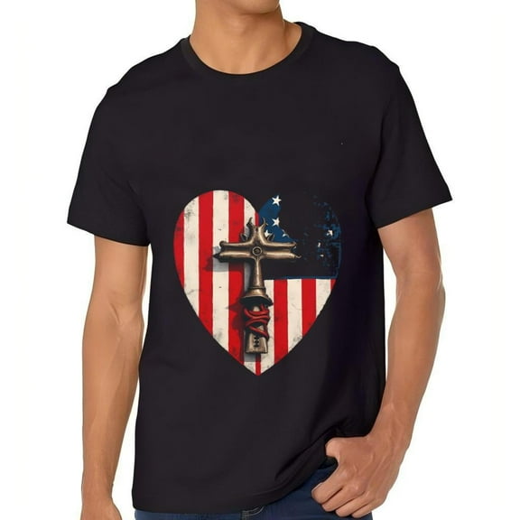 Men's Cotton Short Sleeve T-Shirt with Patriotic Heart Design Cross & Red Ribbon on American Flag Background