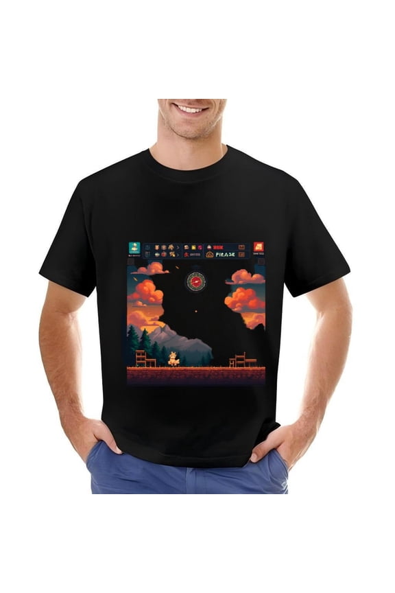 Men's Cotton Short Sleeve T-Shirt with Pixel Art Landscape Design - Serene Mountains Trees and Sunset Sky Pattern