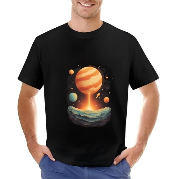 Men's Cotton Short Sleeve T-Shirt with Planet Design Featuring Distinct Bands