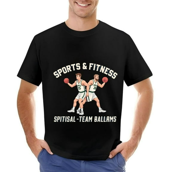 Men's Cotton Short Sleeve T-Shirt with Playful Basketball Graphic - " SPORTS & FITNESS " and " SPISTIAL - TEAM BALLARS " Design
