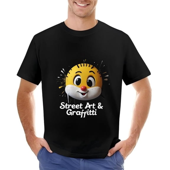 Men's Cotton Short Sleeve T-Shirt with Playful Cartoon Face Design Yellow Face with Red Nose & Splashes ' Street Art & Graffiti ' Graphic Tee