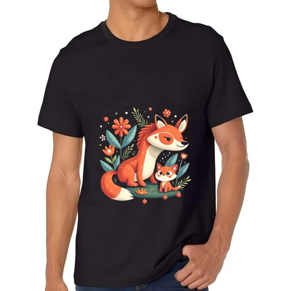 Men's Cotton Short Sleeve T-Shirt with Playful Cartoon Fox and Design Surrounded by Vibrant Flowers and Leaves