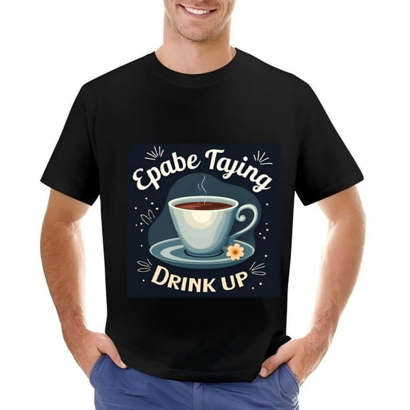 Men's Cotton Short Sleeve T-Shirt with Playful Coffee Cup Design - " Epabe Taying " & " Drink Up " Text Cheerful Stars & Dots Pattern
