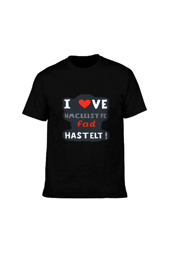 Men's Cotton Short Sleeve T-Shirt with Playful Graphic Design: " I ❤️ HMCLEIST FE fad HASTEL " - Fun Colorful Text & Heart Symbol