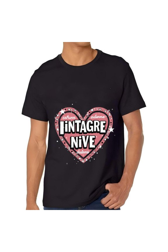 Men's Cotton Short Sleeve T-Shirt with Playful Pink Heart Design and Star Accents - Unique Graphic Tee