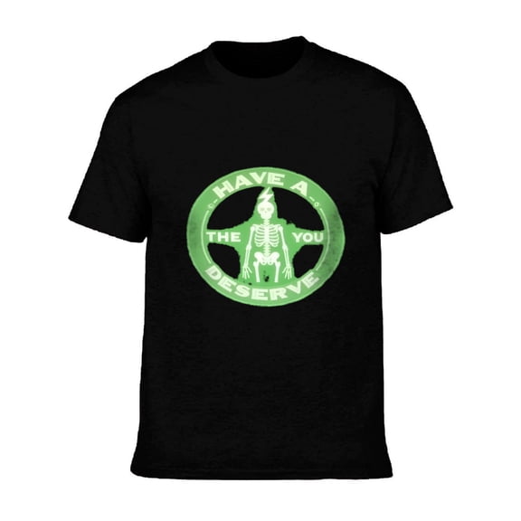 Men's Cotton Short Sleeve T-Shirt with Playful Skeleton Design Green Circular Border ' HAVE A THE YOU DESERVE ' Graphic Tee