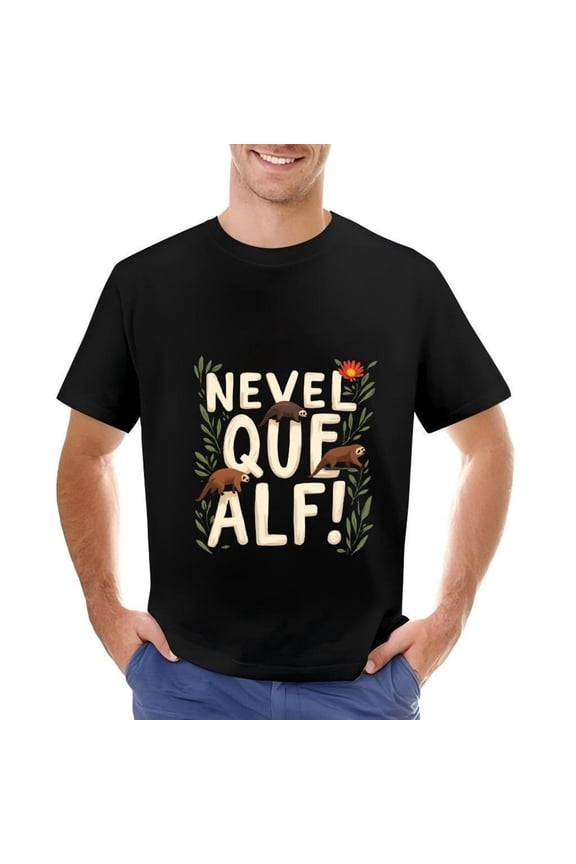 Men's Cotton Short Sleeve T-Shirt with Playful Sloth Design and ' NEVEL QUE ALF ' Text Nature-Inspired with Leaves and Flower