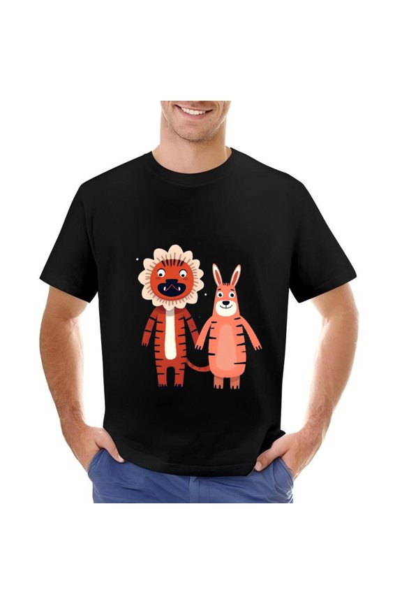 Men's Cotton Short Sleeve T-Shirt with Playful Tiger and Cheerful Rabbit Cartoon Design Fun Graphic Tee