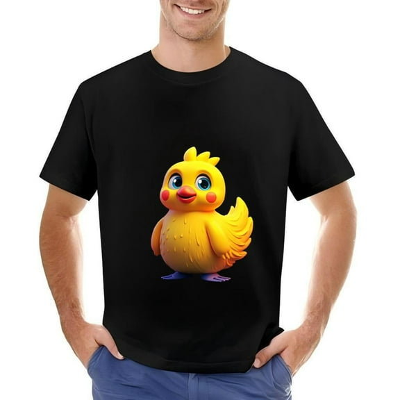 Men's Cotton Short Sleeve T-Shirt with Playful Yellow Chick Design Cheerful Expression Blue Eyes & Whimsical Feet